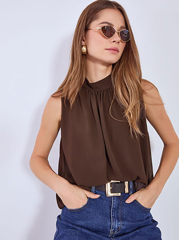 Top sleeveless mock neck in dark brown
