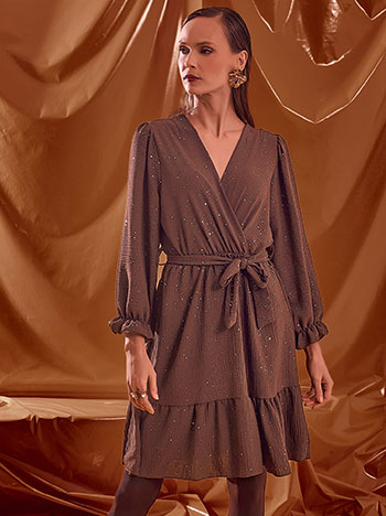 Dress mini wrap front with glitter in brown