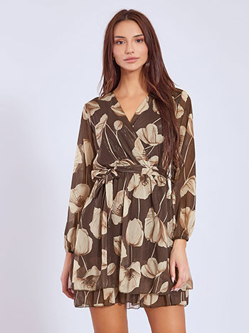 Φόρεμα εμπριμέ μίνι μεταλλιζέ σε καφέ σκούρο