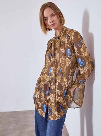 Πουκαμίσα εμπριμέ με δέσιμο σε καφέ