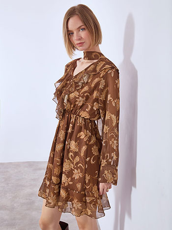 Φόρεμα μίνι με βολάν και λαχούρια σε καφέ