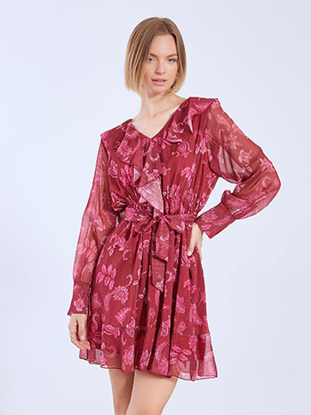 Φόρεμα μίνι με βολάν και λαχούρια σε μπορντό