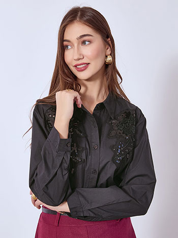 Shirt with sequined details in black