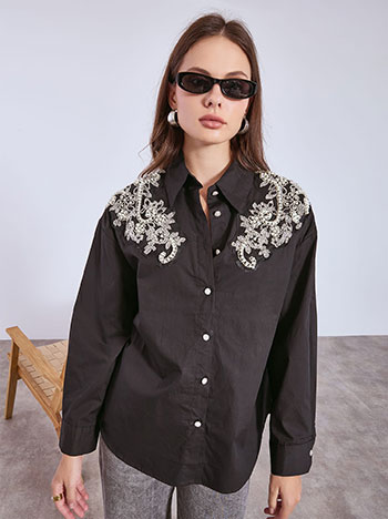 Shirt with pearls and strass stones in black