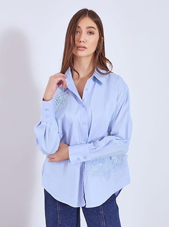 Shirt with sequined flowers in sky blue