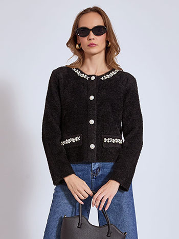 Cardigan fluffy with strass in black