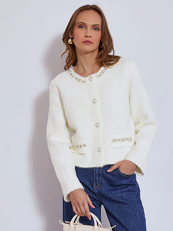 Cardigan fluffy with strass in white