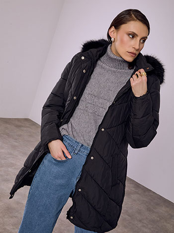 Μπουφάν καπιτονέ με ζώνη σε μαύρο