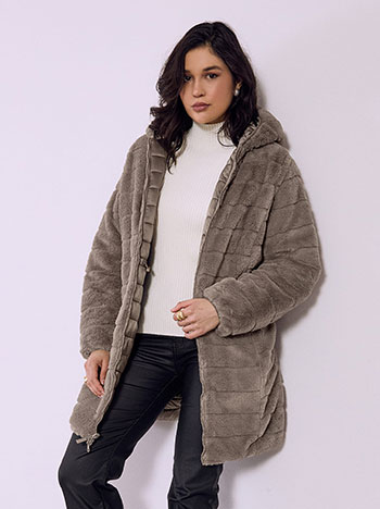 Γούνα διπλής όψης με κουκούλα σε καφέ