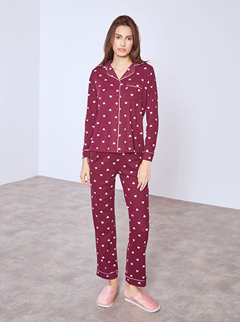 Pyjama set with hearts in wine red