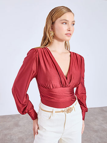 Bodysuit shiny with shirred details in wine red