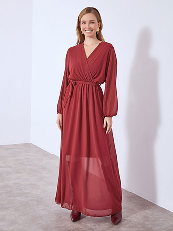 Φόρεμα κρουαζέ μάξι με ζώνη σε μπορντό