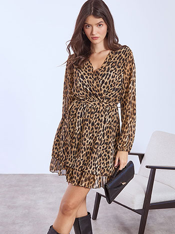 Dress leopard wrap front with ruffles in brown