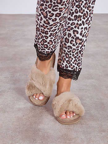 Slippers furry with cross detail in dark beige