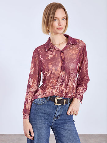 Shirt semi sheer floral in dark purple