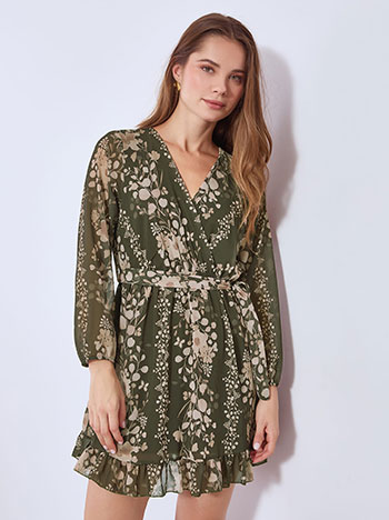 Dress mini wrap front with ruffles in khaki