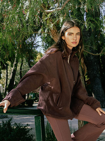 Fleece long cardigan in brown
