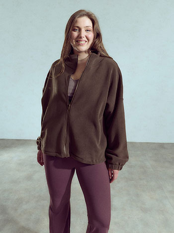 Fleece long cardigan in brown