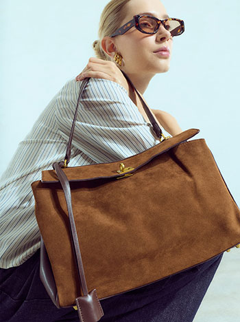 Shoulder bag with mixed fabrics in brown