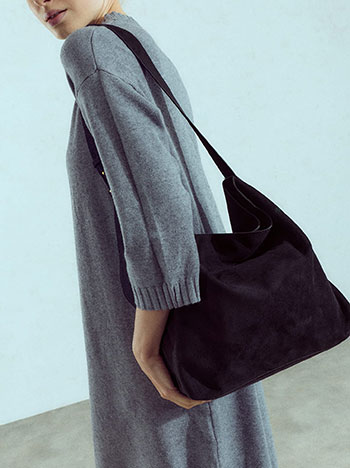 Faux suede bag with adjustable strap in black