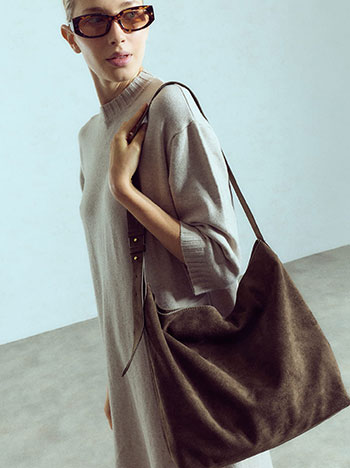 Faux suede bag with adjustable strap in dark brown