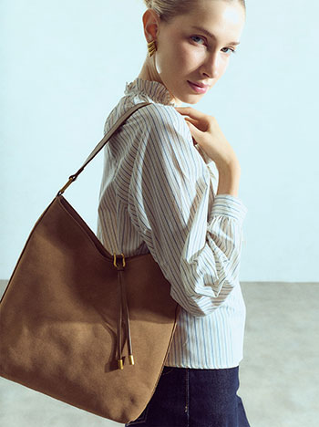 Faux suede shoulder bag in tobacco