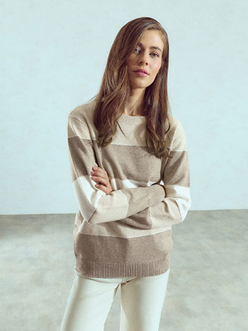 Striped sweater with metallic details in dark beige