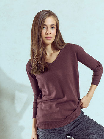 V neckline sweater in aubergine