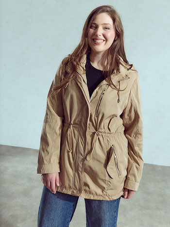 Solid jacket with hoodie in beige