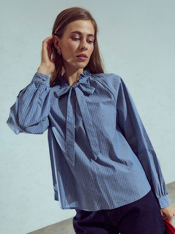 Striped blouse with tie detail in rough blue