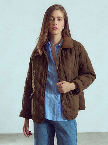 Quilted jacket with corduroy collar in brown