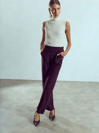 Elastic trousers with decorative seam in dark purple