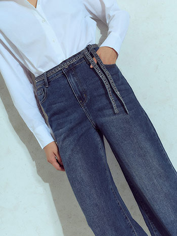 Τζιν wide leg με strass στη ζώνη σε σκούρο μπλε