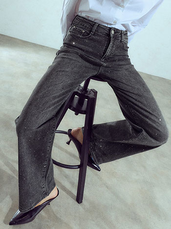 Wide-leg jeans with rhinestones in dark grey