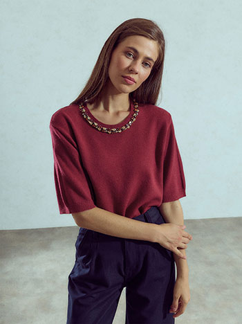 Sweater with strass stones in wine red