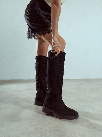 Faux suede riding boots in black