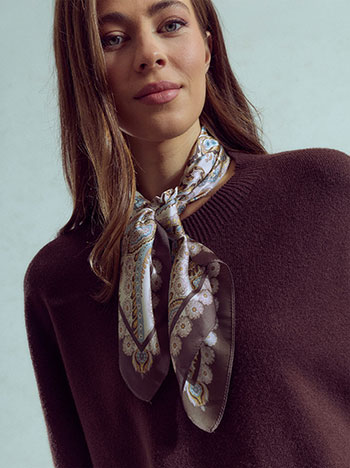 Printed satin scarf in brown