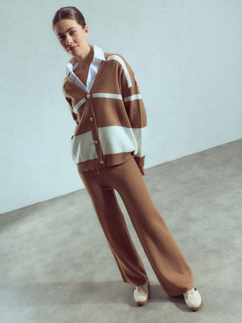 Striped cardigan and trousers set in camel