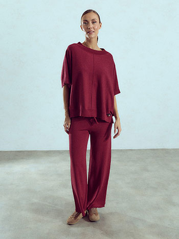 Top and wide leg trousers knitted set in wine red