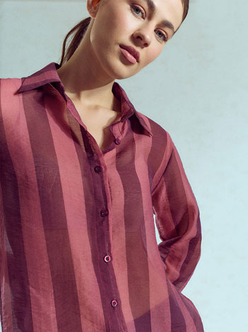 Semi-sheer striped shirt in wine red
