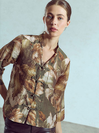 Semi sheer printed shirt in khaki