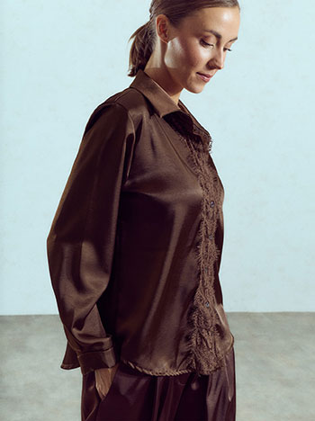 Satin shirt with lace detail in dark brown