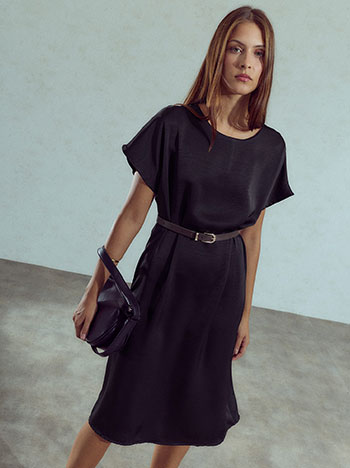Midi satin dress with belt in black