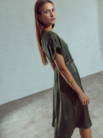 Midi satin dress with belt in khaki