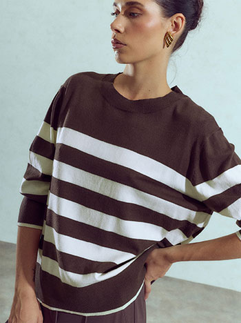 Striped sweater with viscose in brown