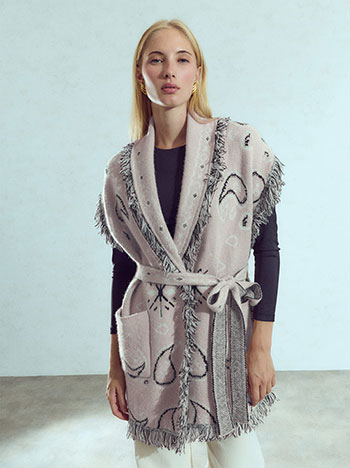 Sleeveless knit cardigan with fringes in beige