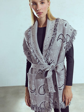 Sleeveless knit cardigan with fringes in grey