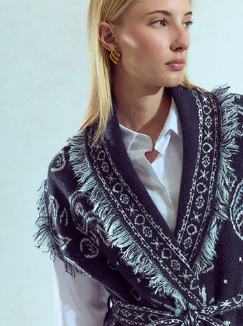 Sleeveless knit cardigan with fringes in dark blue