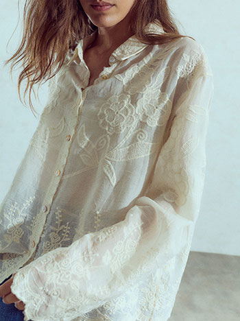 Semi-sheer embroidered shirt in light beige