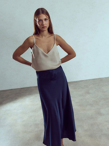 Satin midi skirt in dark blue
